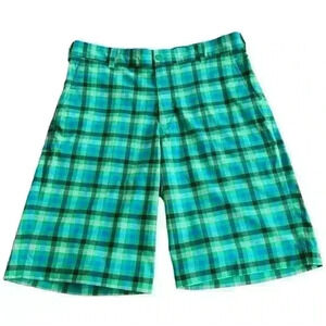 Nike Women's Golf Shorts Size 32 Dri-Fit Bermuda Green Blue Plaid EUC